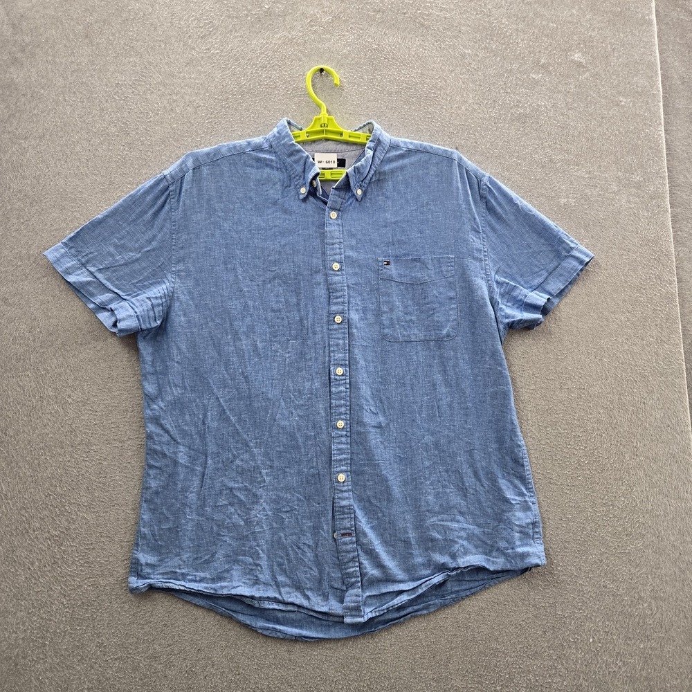 Tommy Hilfiger Men Button Up Shirt XXL Blue Cotton Linen Custom Fit Chambray